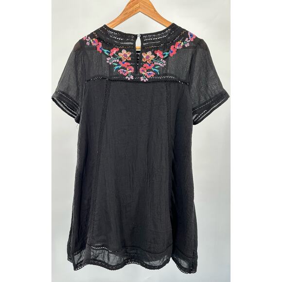 Umgee Black Babydoll Embroidered Cotton Dress with Lace Trim‎ - Women's Medium - Picture 6 of 8